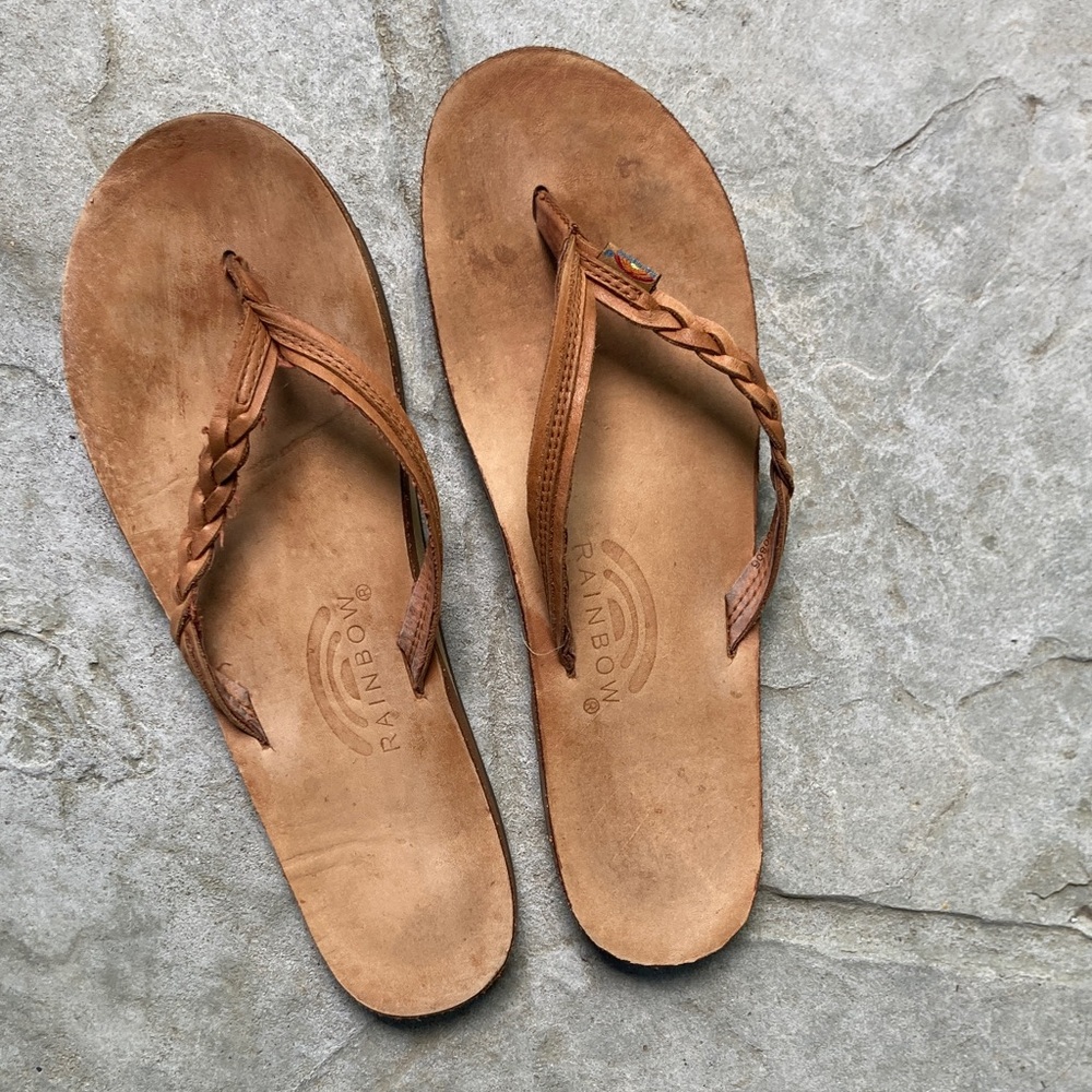 Rainbow Brown Braided Leather Thong Sandals